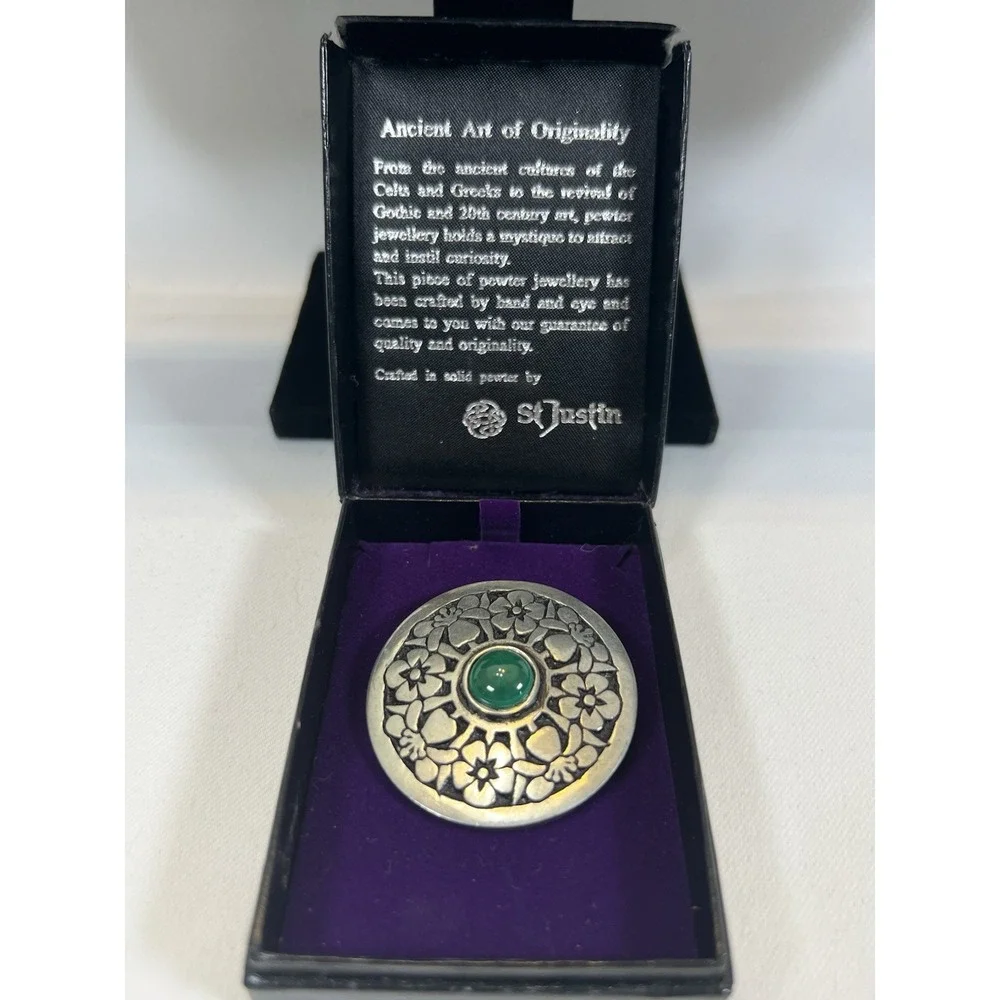 St Justin Pewter Malachite Celtic Floral Round Brooch Original Box Handmade VNG